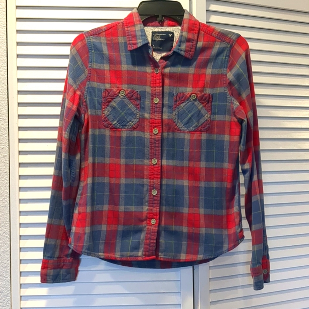 American Eagle Blue & Red Plad Button-up Childrens 8